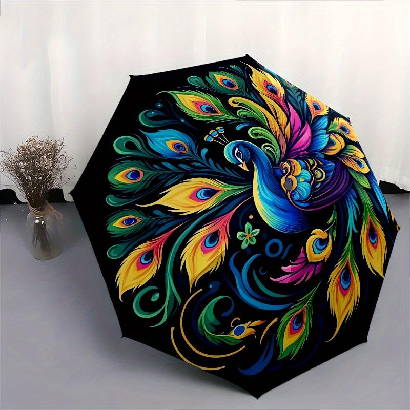 Peacock, Artwork Automatic Folding Umbrella 8 Ribs, Durable Iron Frame, Bright Color Pattern Compact Travel Umbrella, Suitable for Outdoor,