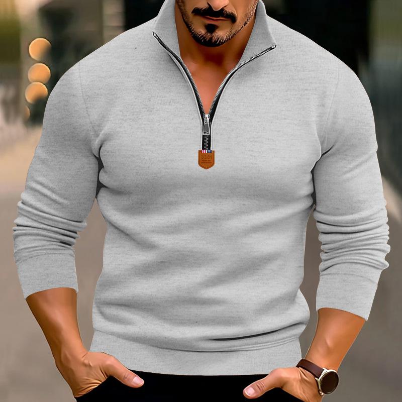 Autumn/Winter Men's Casual Fleece-Lined Solid-Colour Long-Sleeved Half-Zip Stand-Collar Sweatshirt Top