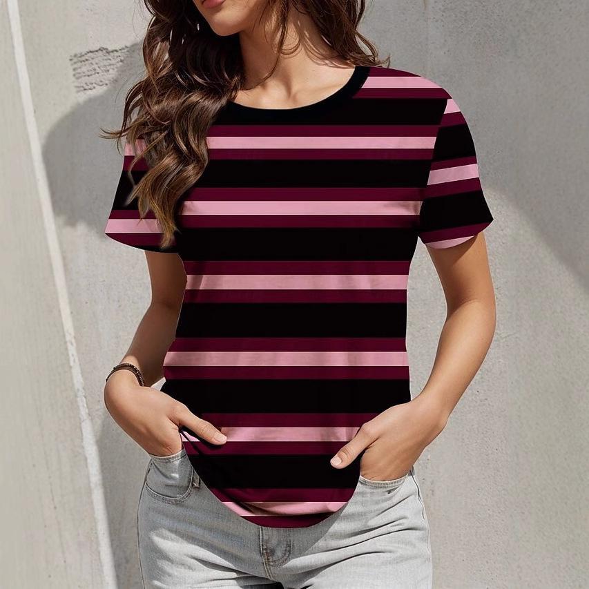 Summer Round Neck 3D Minimally Striped Color Blocking Print Top Fashionable Casual Short Sleeved Women's T-shirts
