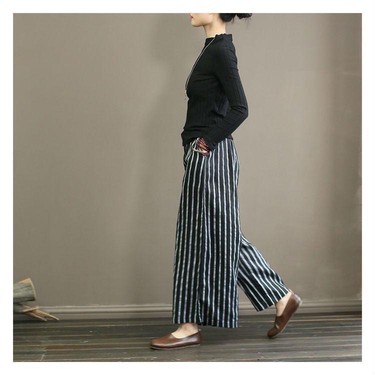 2023 Retro Cotton Linen Striped Wide-Leg Women's Slimming Cropped Pants - Japanese Style Summer Casual Wear