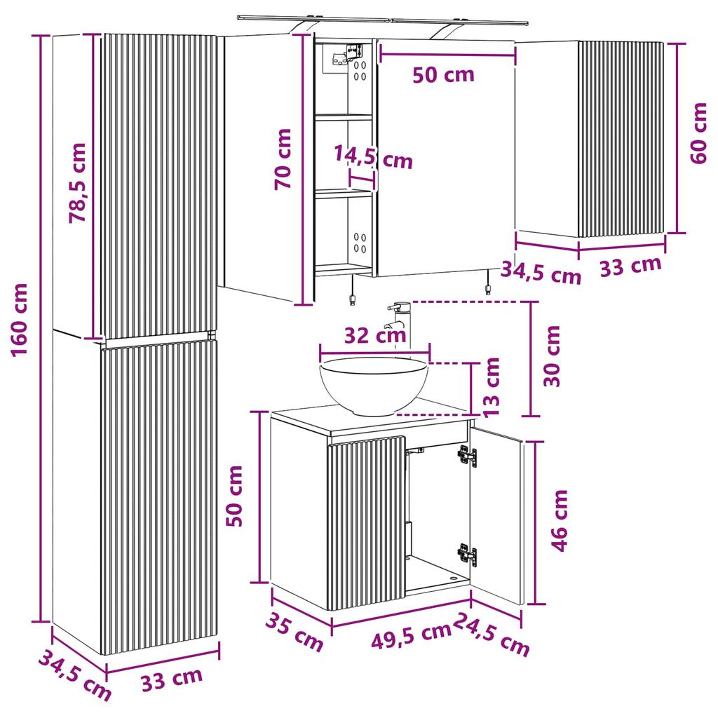 Bathroom Cabinet Set 5 Pcs Sonoma Oak 50 X 14.5 X 70 Cm