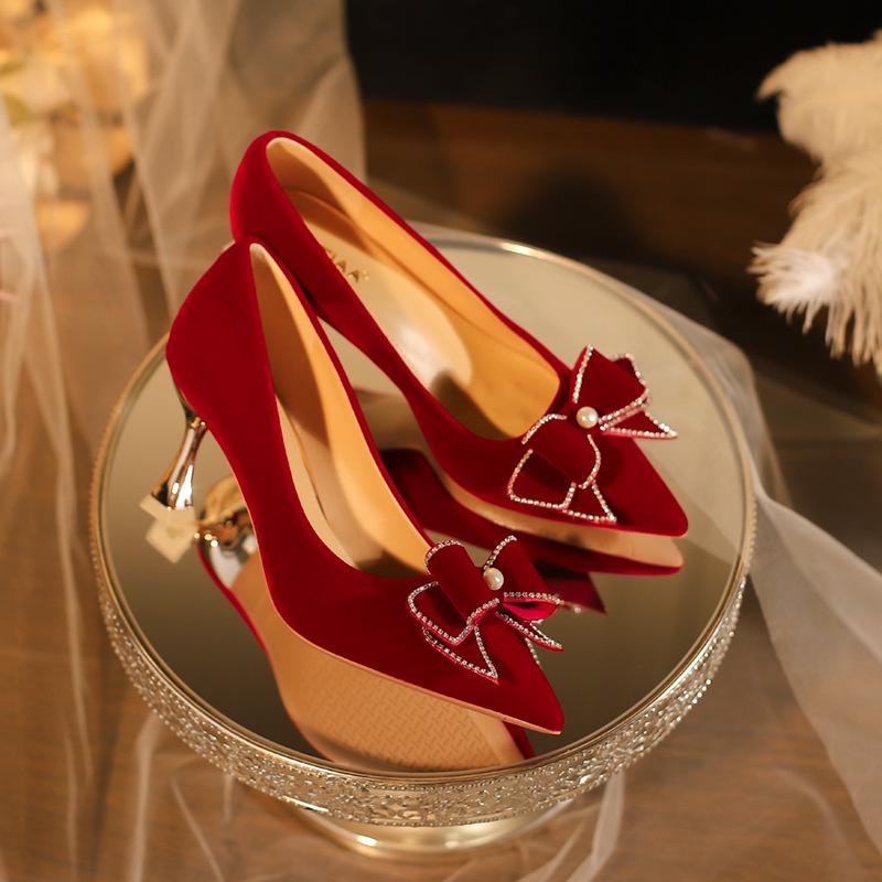 

C758-9 Красные туфли-стилеты с бантом для невесты - Коллекция 2025 36
