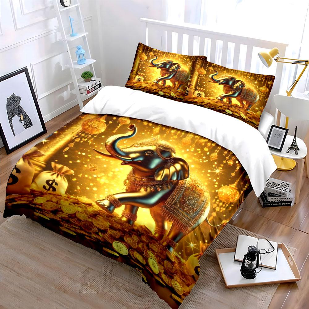 Golden Elephant Wealth Decor Set Soft Skin-Friendly Bedding Set Includes 1 Duvet Cover And 2 Pillowcase Gift