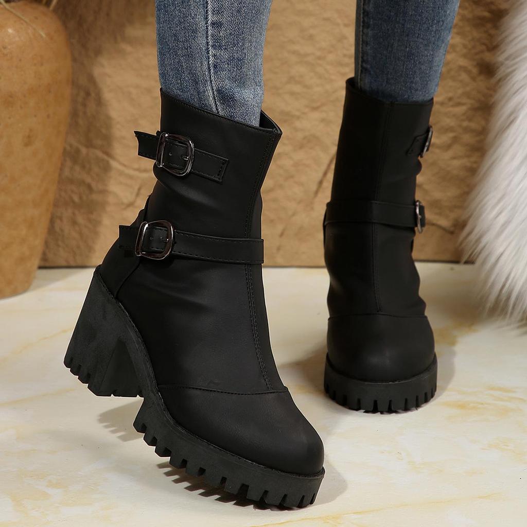 Autumn Winter Thick Heeled Short Boots For Women'S Singles Soft Leather Black Raised Thick Soled High Heels Large Size 36-43