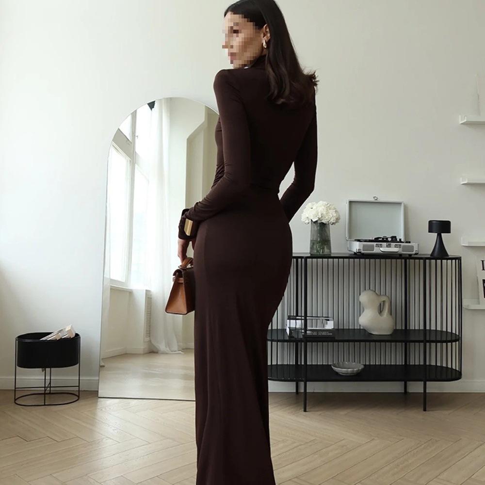 European and American Sexy Turtleneck Split Hip Dress Women's Autumn Solid Color Long Sleeve Sexy Style Long Dress Texture