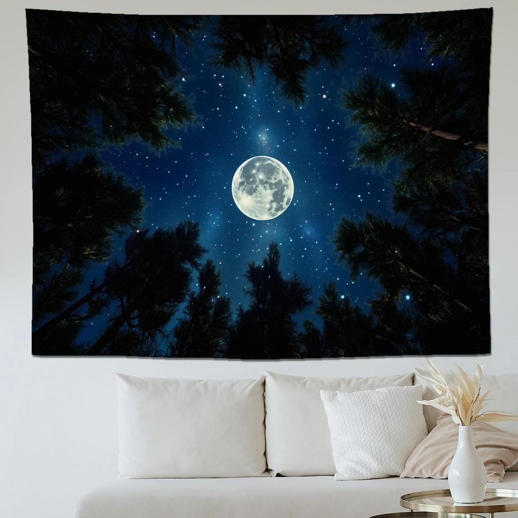 Forest Galaxy Tapestry For Bedroom Ceiling Starry Night Sky With Moon And Trees,Blue Aesthetic Wall Hanging,Milky Way Landscape