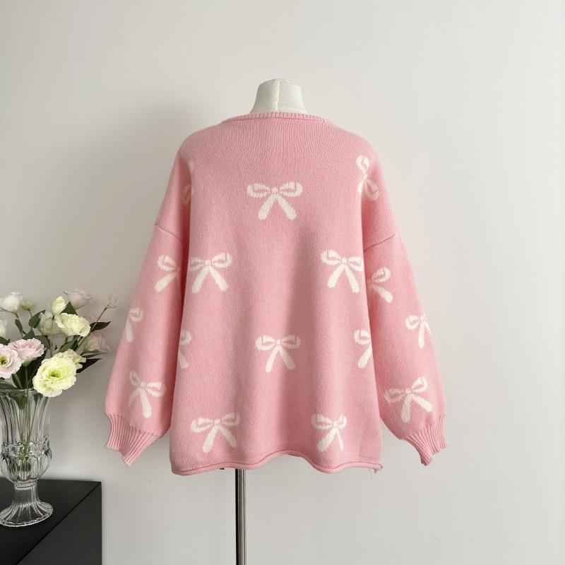 Damen Lockerer Rundhals Schleife Perlenbesetzter Pullover Jacke Herbst- und Winterdesign Altersreduzierender Cardigan Top