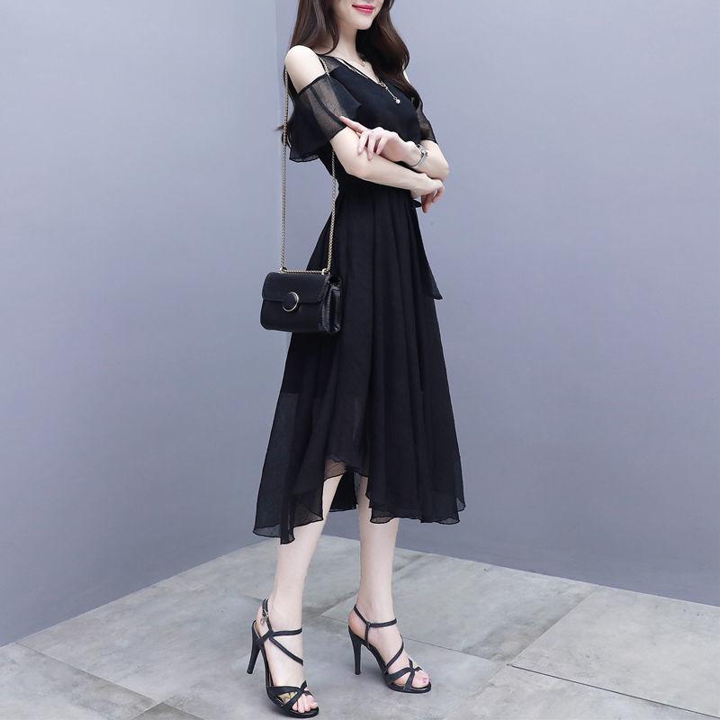 Elegant Fashion V-neck Zipper Off Shoulder Short Sleeve A-LINE Dress Summer Black Solid Color Chiffon Empire Women's Clothing