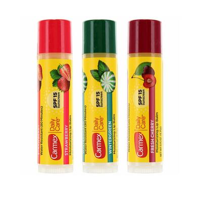 Set of Lip Balms In Stick 3-Pack Cherry, Strawberry, Wintergreen SPF 15 Carmex 3x4.25 G