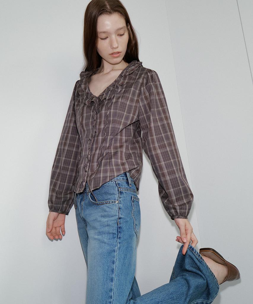 FRIVER07 Check Ruffle Tie Blouse [Frfa05Bl03]_Charcoal