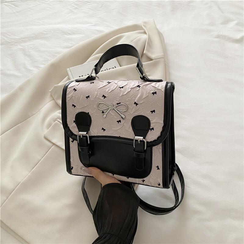 Pink Black Bow Print Backpack For Women Pearl Chain Lace Decor PU Leather Handbag Cute Shoulder Bag For School Commute Date