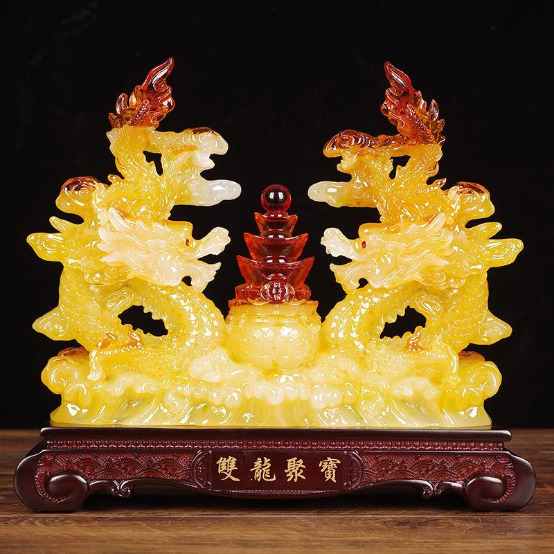 Fengshui Zhaocai Double Dragon Treasure Pot Brings Wealth Green Dragon Decoration Living Room Office Decoration