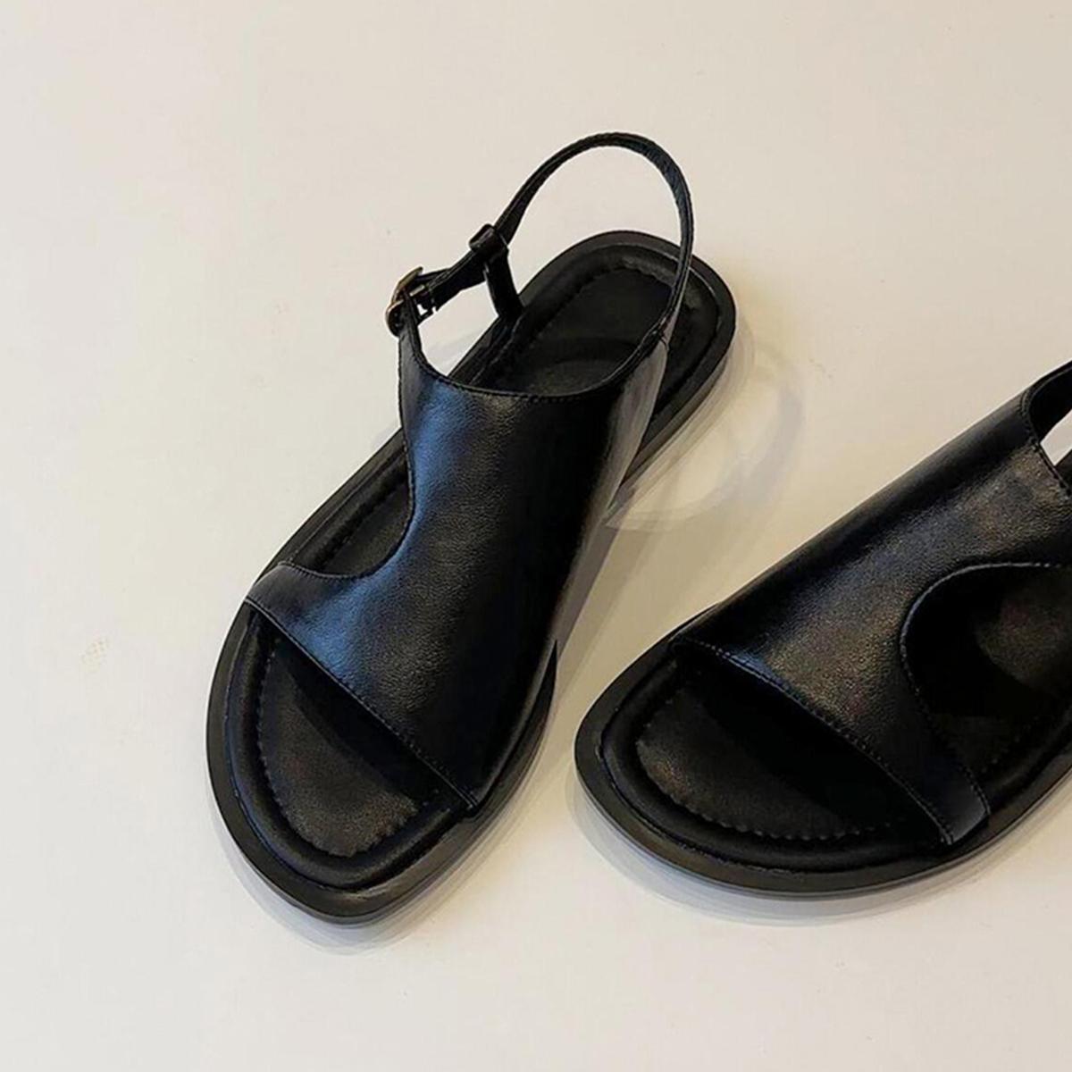 

Lan Cabinet Edition~ Retro One-word with Soft Leather Sandals Women s Round Head Summer Black Open-toed Flat-bottomed Comfortable Roman Sandals 40 чёрный