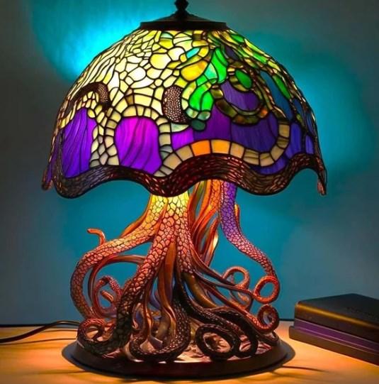 Creative Stained Glass Plant Series Table Lamp Flower Mushroom Snail Octopus Shaped Resin Retro Decor Table Lamp Night Light
