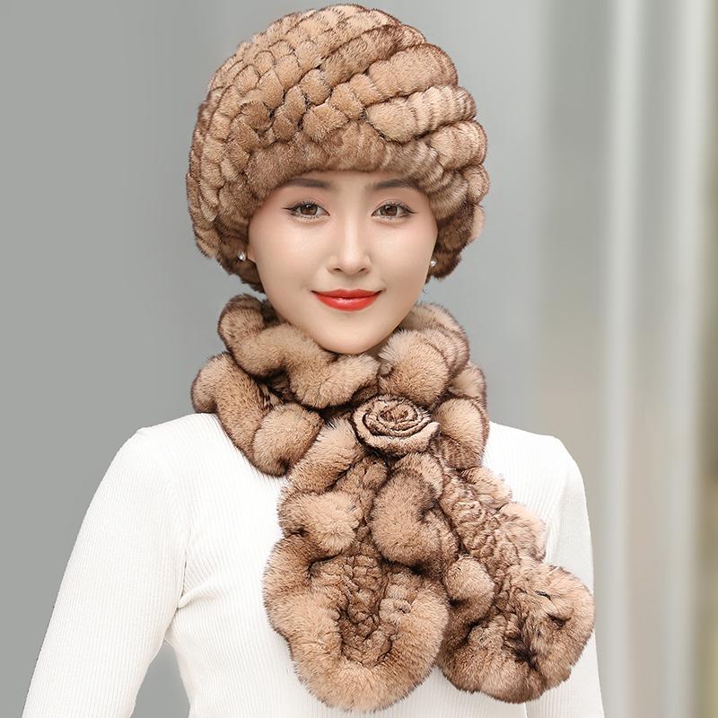 Women Real Rex Rabbit Fur Hat Scarf Set Thickened Warm Winter Rabbit Hat Scarves 2 Pieces For Girls Fashion Outdoor Fur Scarves