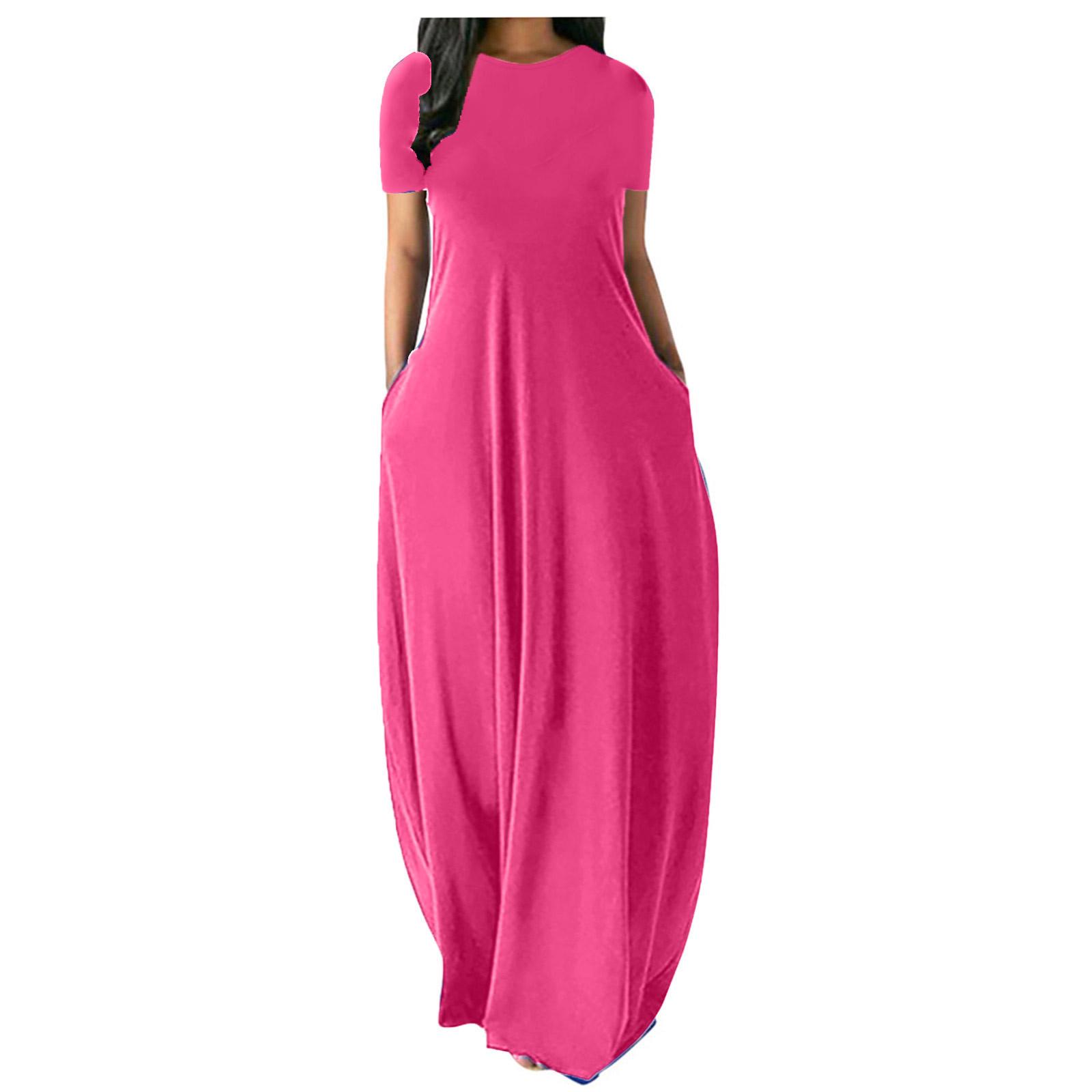 

Женское платье макси большого размера однотонное с круглым вырезом и карманом – короткий рукав, свободный крой XL розы красного