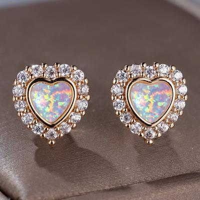 Orecchini a bottone in opale a forma di cuore color oro di lusso per donna Orecchini in zircone bianco lucido Gioielli raffinati per feste