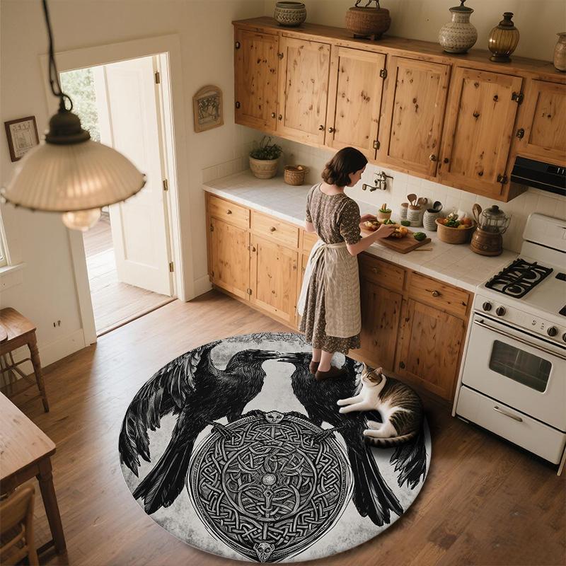 Two Crows with Runes,Round Area Rug,Carpet Rug for Living Room Bedroom Sofa Playroom Decor,Non-slip Floor Mat