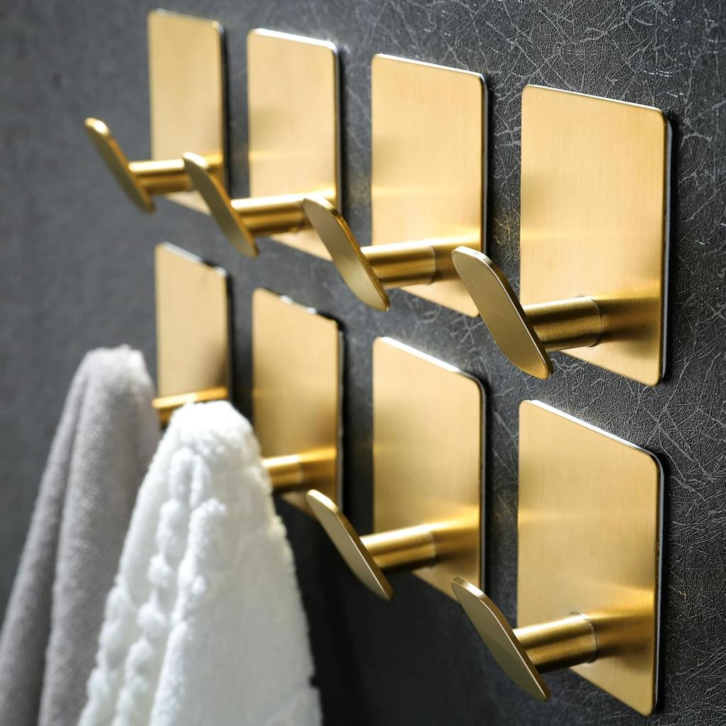 8 Pack Adhesive Towel Hooks - Bathroom Towel Hooks/Wall Hooks for Hanging Coat Robe Stick On Bathroom or Kitchen Matte Black Stainless Steel