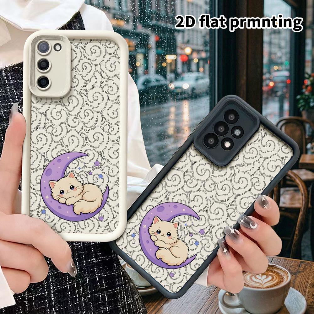 Phone Case: 2D Flat Samsung Galaxy A34 A35 M05 M06 S20 S22 S21 FE Plus 5G Protective Case, Little White Cat on the Moon, Christmas and Halloween Gifts
