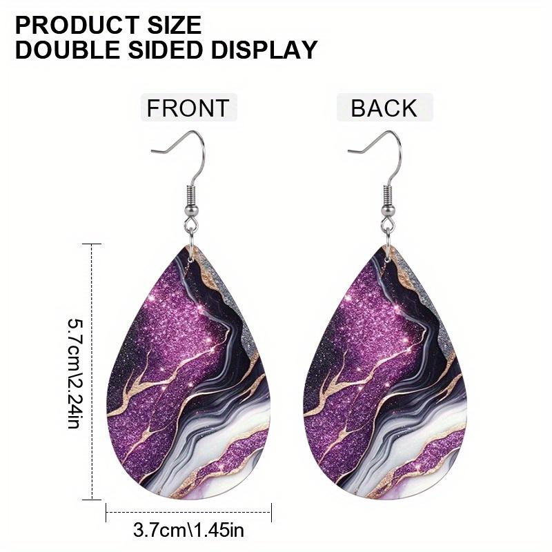 Pink Colorful Swirl Painting PU Leather Earrings For Women Creative Purple Marble Pattern Teardrop Earrings
