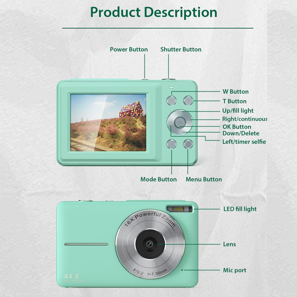 FHD 1080P 44MP Digitalkamera für Fotografie von Kindern mit 16-fachem Zoom Kompaktkameras Point-and-Shoot-Reisekameras für Kinder