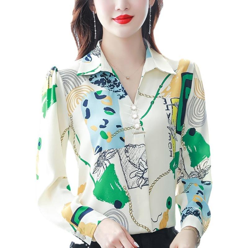 Camisa de gasa para mujer en otoño, nueva camisa de manga larga que cubre el vientre, blusa para madres de mediana edad.