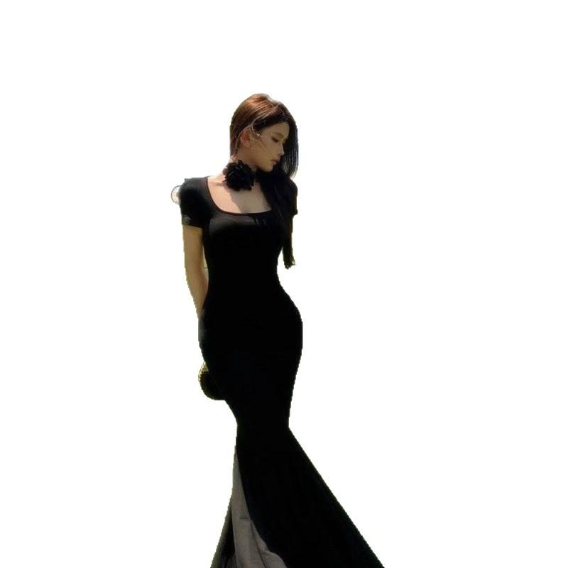 Hepburn style French temperament summer new pleated pure waist short sleeve hip wrap fishtail dress drape long dress