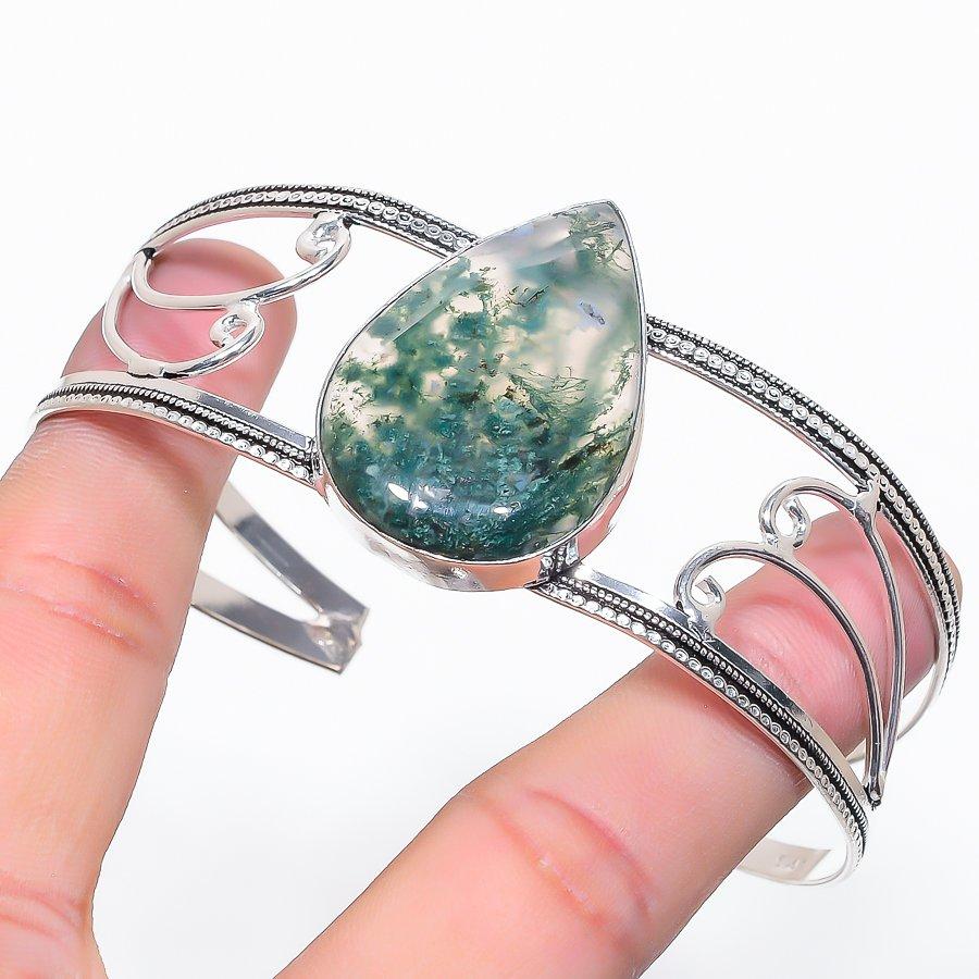 

Natural Indian Moss Agate Gemstone 925 Sterling Silver Cuff Bangle Adj J1E44