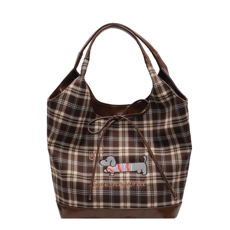 Large Capacity Women's New Cute Dachshund Dog Tote Bag Plaid Leisure Commuter Bag