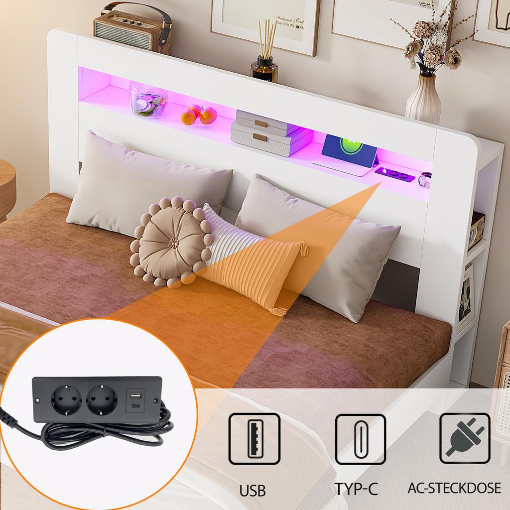 Wooden Bed Frame with Storage In the Headboard, LED Lighting, Integrated Outlets, Modern Platform Bed In White 140 X 200 Cm
