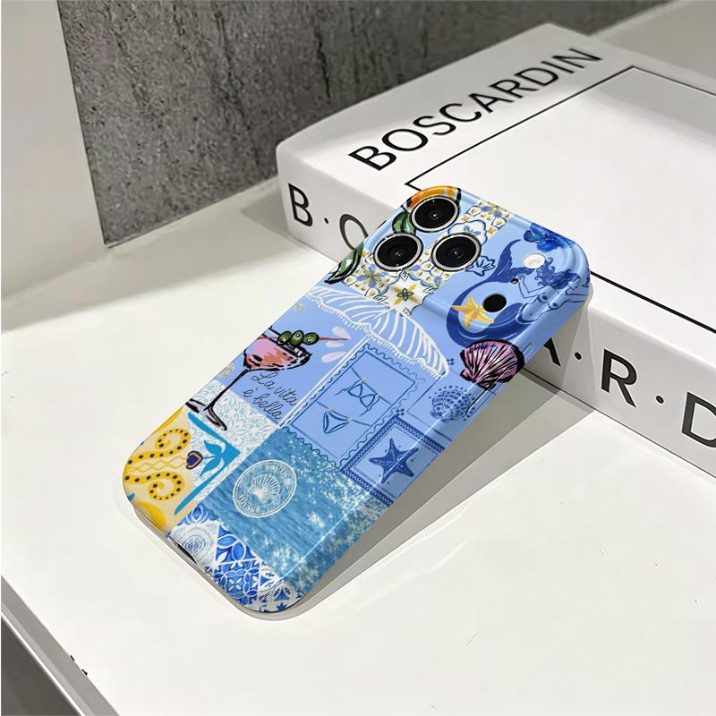 Playful Mediterranean Summer Coastal Collage Graphic Art Film Aesthetic Protective Shockproof Bumper Phone Case Cover For iPhone 14 15 16 Pro Max Plus