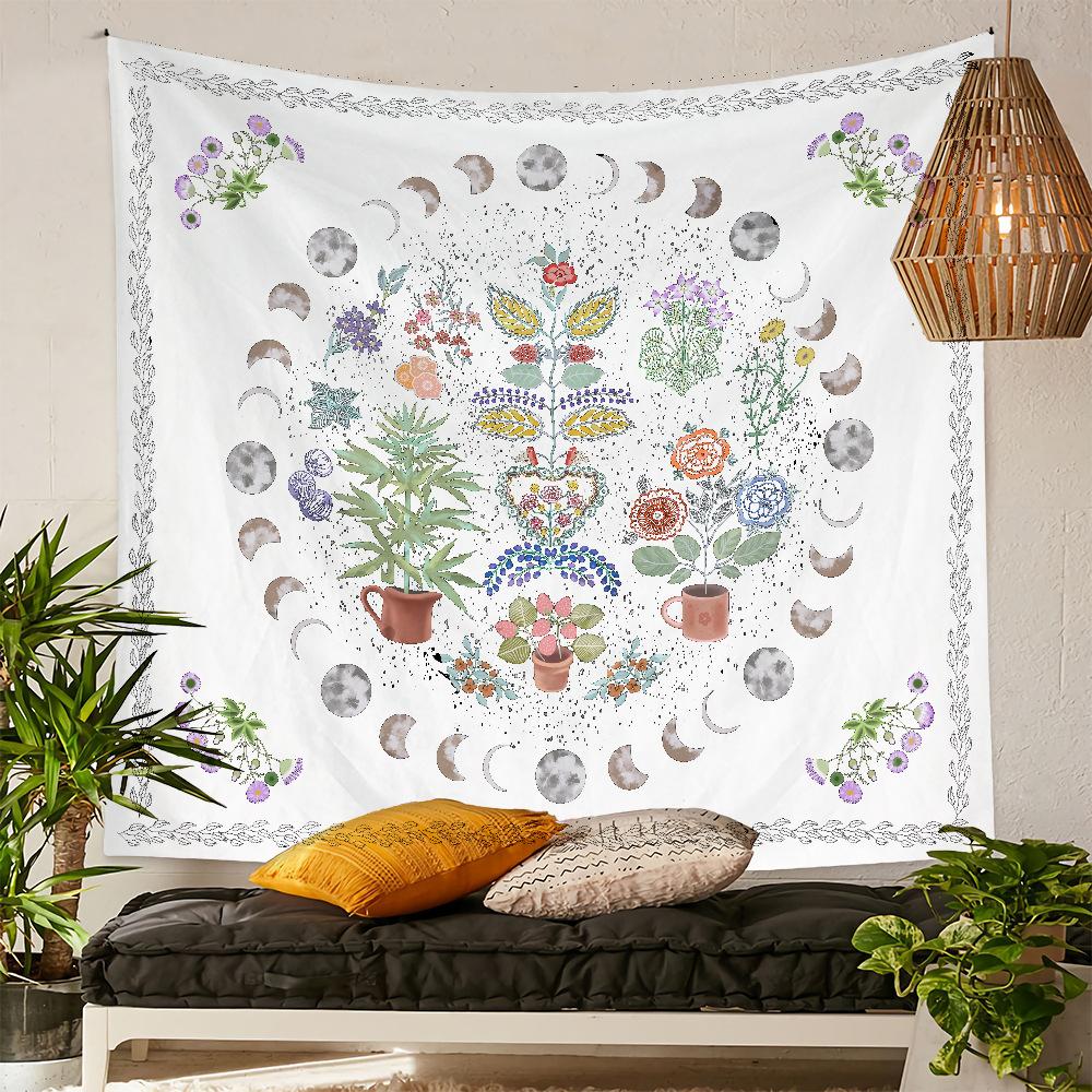 VIKAMA Vintage Floral Moon Phase Tapestry Bohemian Flower Star Moon Wall Blanket for Bedroom Living Room Dormitory Decor
