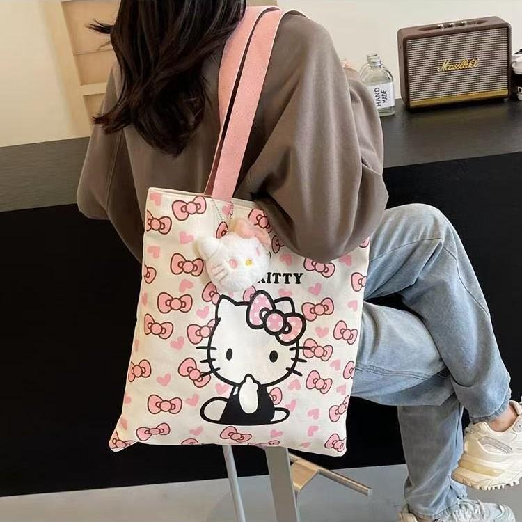 Plátěná taška přes rameno s kočičkou pro studenty s velkou kapacitou