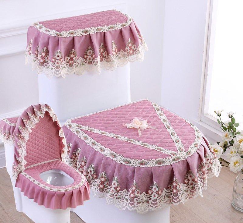 3 sztuk/zestaw koronkowy haft odpinany nakładka na sedes tkanina pyłoszczelna miękka deska sedesowa poduszka z pierścieniem dekoracja wnętrz nakładka na toaletę