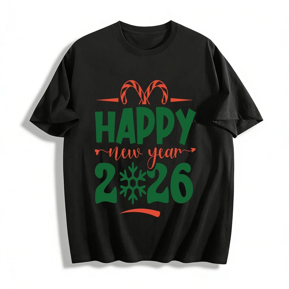 2026 Happy New Year Printed Casual Loose Top For Men And Women Pure cotton T-shirt XXS