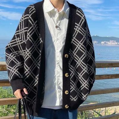 Roupas masculinas Casaco com decote em V Xadrez Suéteres de malha para homens Jaqueta preta Cardigan X Diversão Outono Inverno Rua Estilo coreano Casaco suéter