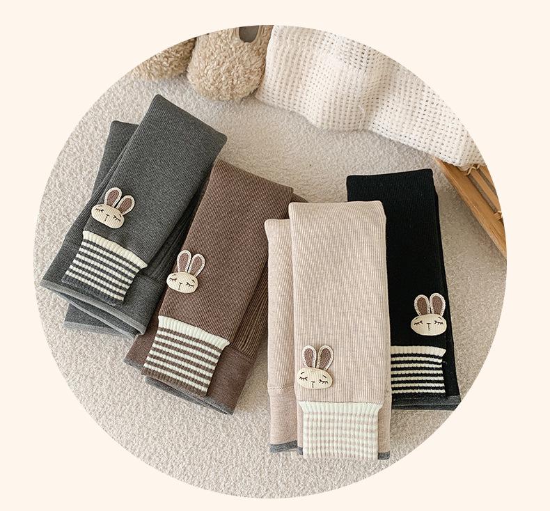 Girls' Velvet-Lined Fleece Leggings - Medium-Thick, Striped Rabbit Design for Winter