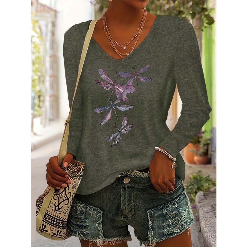 Dragonfly Print Women's Autumn/Winter Top, Daily Versatile Casual Fashion Color V-Neck Long Sleeve T-Shirt