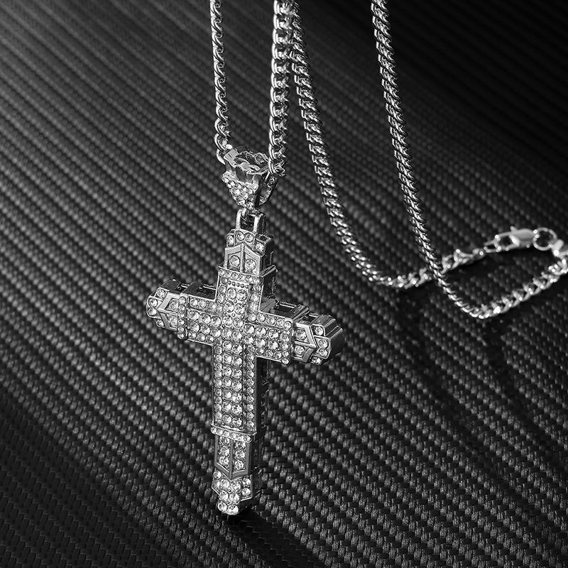 Simple Style Rhinestone Christian Cross Rhinestone Pendant Necklace Personality Fashion Street Domineering Chain Jewelry