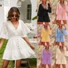 Women's White Dress Summer New Vintage Lace Patchwork Flare Sleeve Women's Short Dress Elegant A Line Slim Fit Casual Office Ladies Dresses