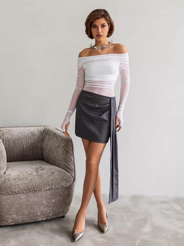 European & American Women's Fashion Autumn/Winter One-Shoulder Sexy Mesh Long-Sleeve T-Shirt