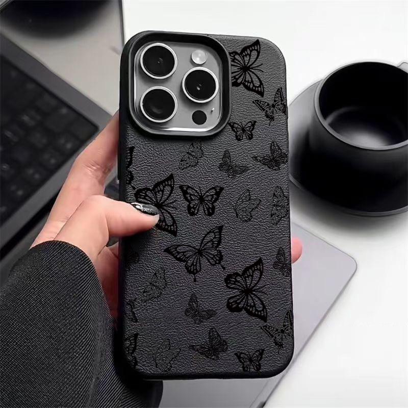 Černý pouzdro na telefon s potiskem motýlů, odolné proti nárazům, pro iPhone 16 16E 15 Pro 14 Pro Max 13 12 11, TPU měkký matný zadní kryt proti pádu