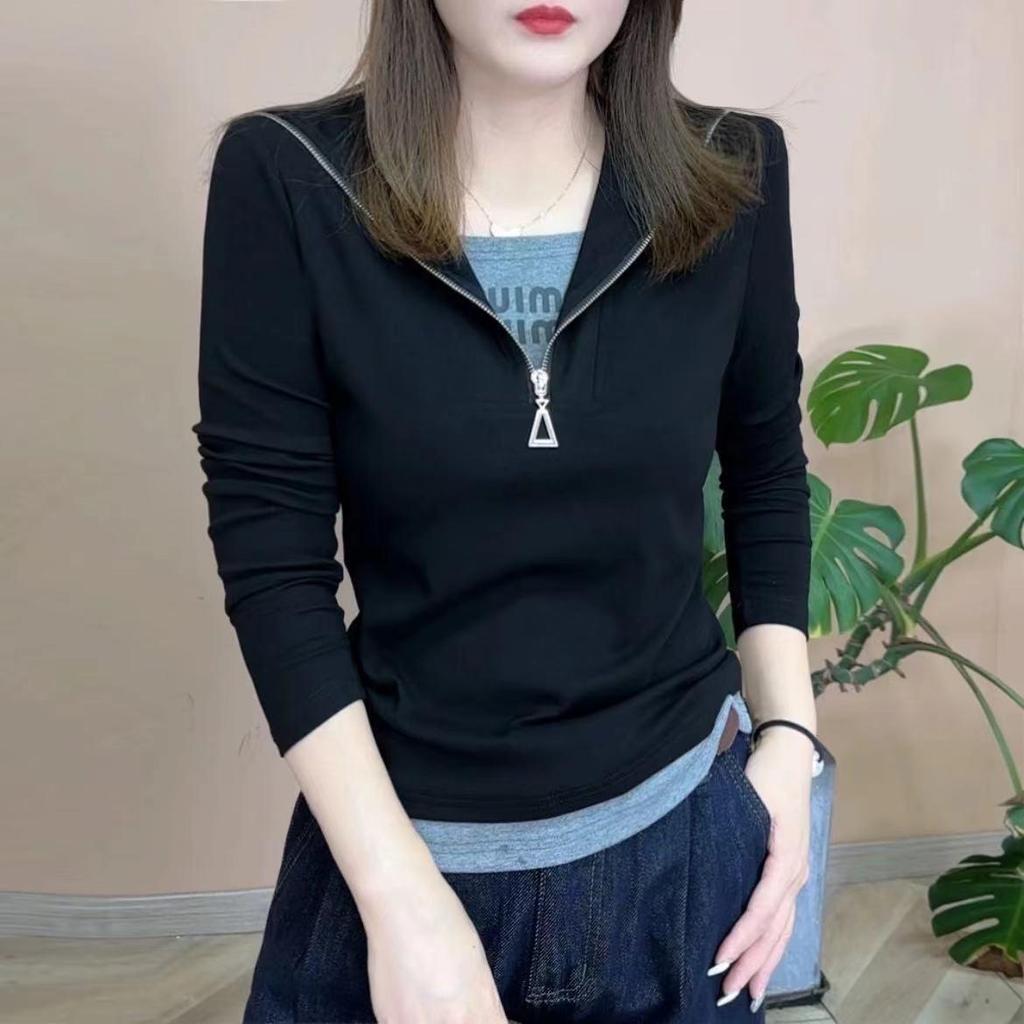 2025 High-end Women's Slim-fit Fake Two-piece Zipper Letter Collar Long Sleeve Hoodie for Spring and Autumn