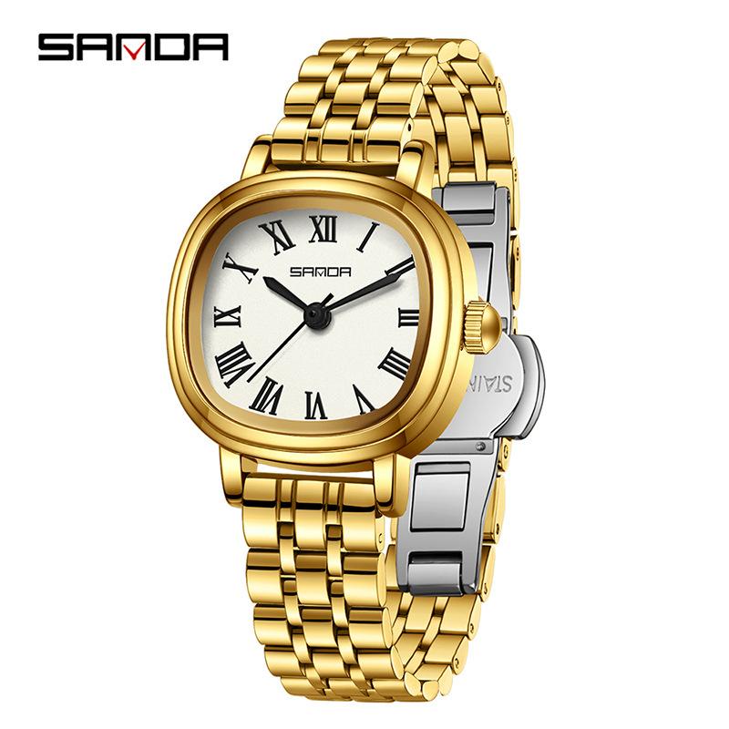 SANDA Women Quartz Watch Fashion Elegant Rose Gold Simple Roman Analog Display Stainless Steel Strap Wristwatch for Ladies
