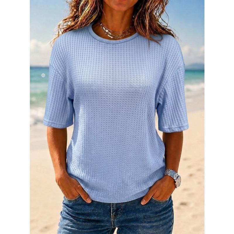 Casual Waffle Women Fashion T-shirt Top Summer Loose Solid Color Tee Tops Female All-matching Women T-Shirts