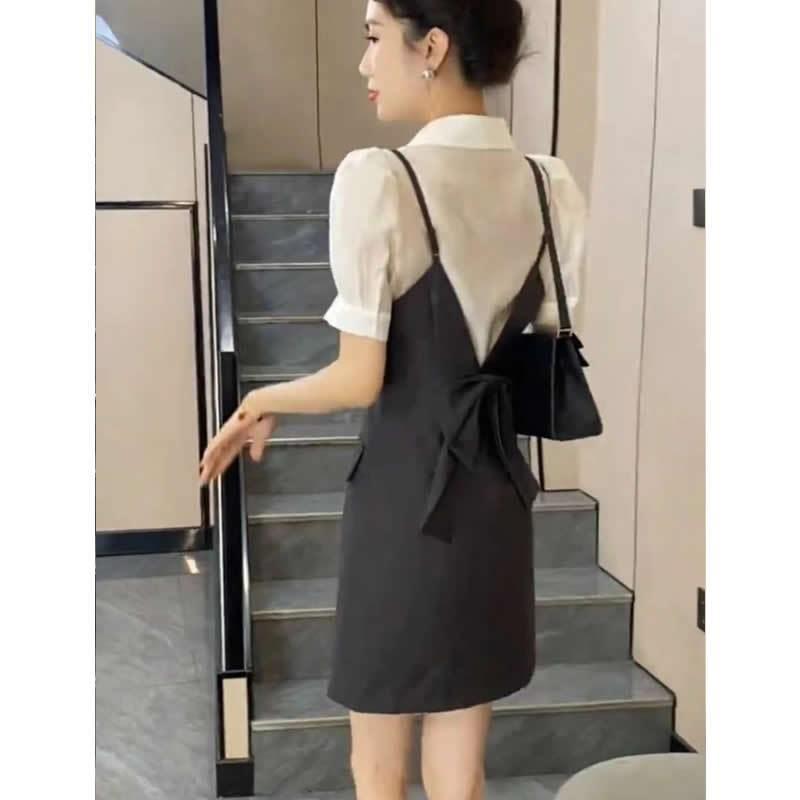 Elegant Summer 2026 Petite Two-Piece Dress Set: Short-Sleeved Shirt & Suspender