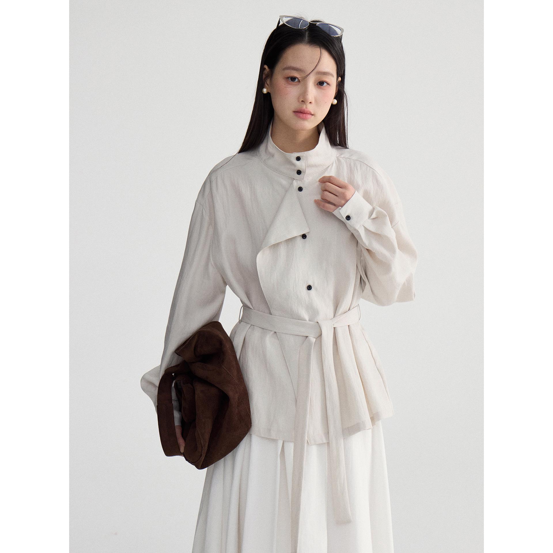 Korean Style Stand Collar Tencel Shirt - Women s Spring 2026 Waist-Tie Top One Size (85-135 cm) абрикосовый