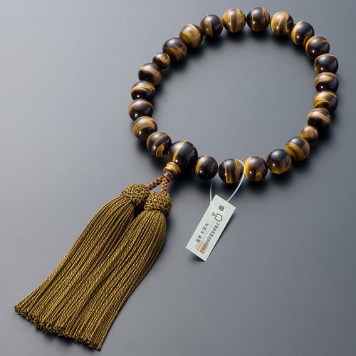 Buddhist Altar Shop Takita Shoten Kyoto Buddhist Prayer Beads for Men, 22 Tiger's Eye Stone Beads, Silk Tassel with Head, Prayer Beads Bag, Suitable F