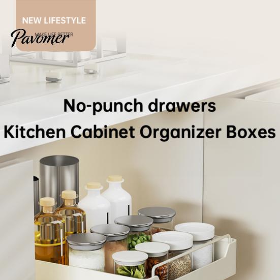 Pull Out Cabinet Organizer Fixed with Adhesive Nano Film Punch-free Heavy Duty Slide Pantry Shelves Sliding Drawer Shelf for Kitchen Living Room